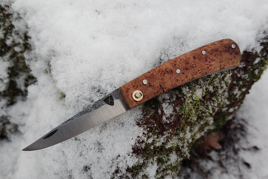 Hand-forged Folding Knife / Carbon Steel Blade/ Stainless Steel Liners with English Maple Burl Scales / Heavy duty slipjoint / Non-locking UK Legal Carry