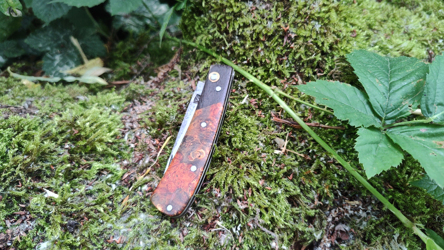 Hand-forged Slipjoint / Slimline Gentleman's pocket Knife / Sheffcut Carbon Steel blade with Box Elder Burl (Stabilized) Scales and Bog Oak bolsters / UK Legal Pocketknife