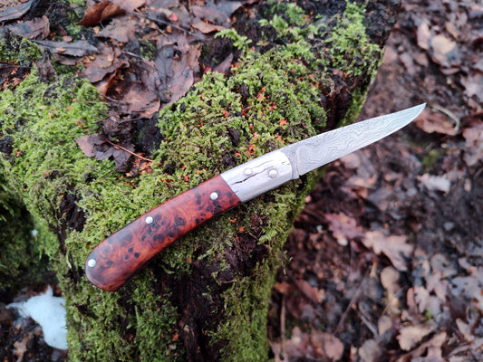 Hand-forged Go-Mai Damascus slipjoint / 1084, Damascus & Antique Wrought Iron Blade with Yew Burl Scales