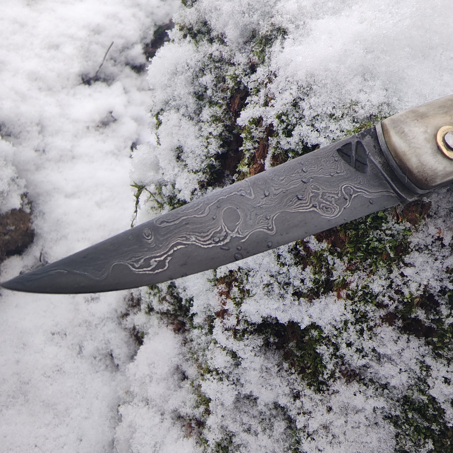 Hand-Forged San Mai Damascus Slipjoint with Bog Oak & Stag Antler Scales / UK Legal Carry