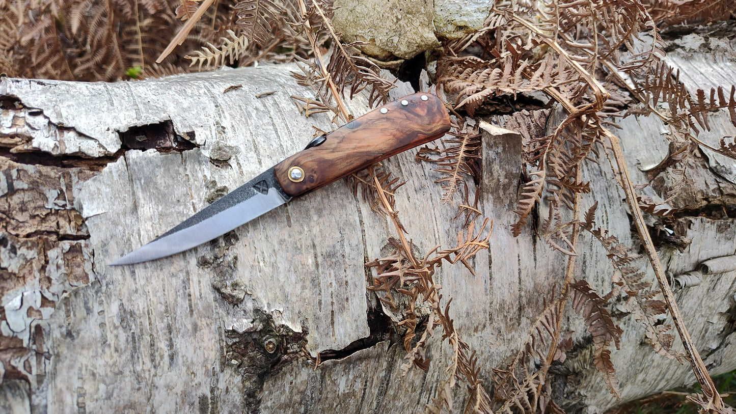 Hand-forged Friction Folder  / 52100 Carbon Steel blade / Yew Burl and mahogany scales / UK Legal Carry