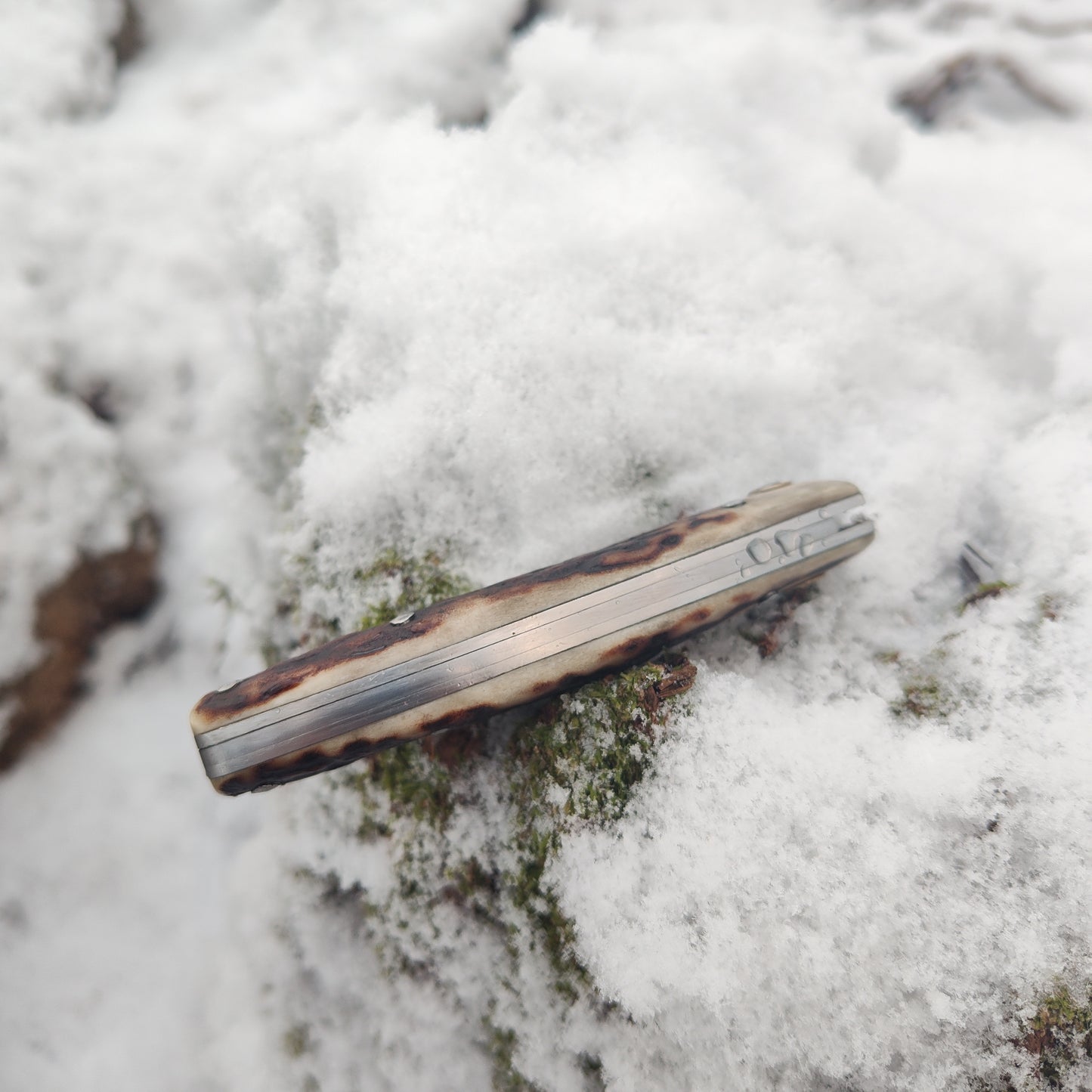 Hand-Forged San Mai Damascus Slipjoint with Bog Oak & Stag Antler Scales / UK Legal Carry