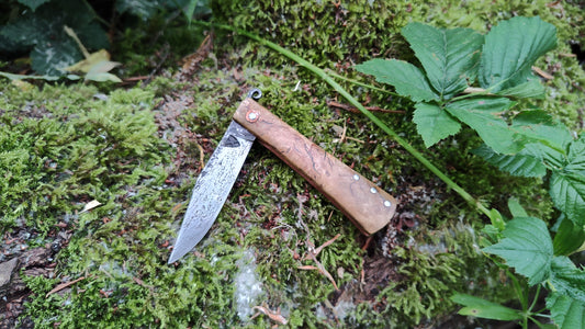 Anglo-Saxon style Friction Folder / Wrought Iron San Mai Blade / Holly Burl and Copper handle / UK Legal Carry