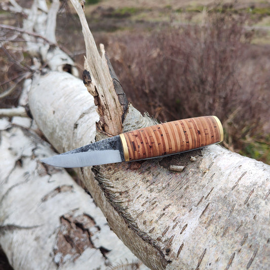 [RESERVED FOR LAURA] Hand-forged Friction Folder  / 80Crv2 Carbon Steel blade / Stacked Birch Bark Handle / UK Legal Carry