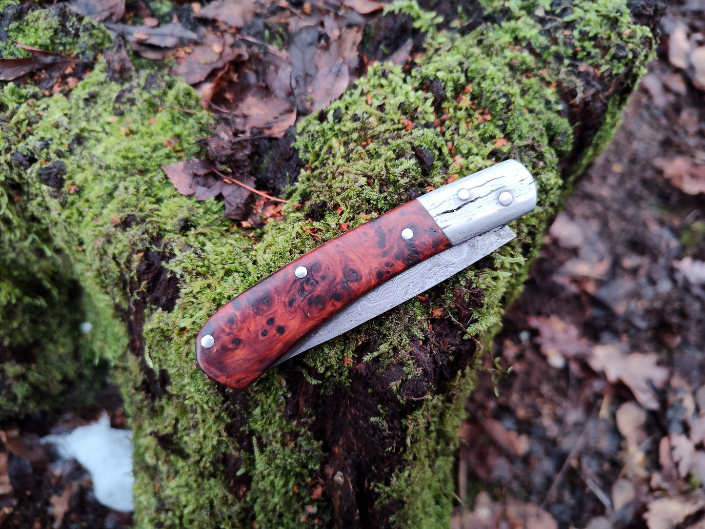Hand-forged Go-Mai Damascus slipjoint / 1084, Damascus & Antique Wrought Iron Blade with Yew Burl Scales