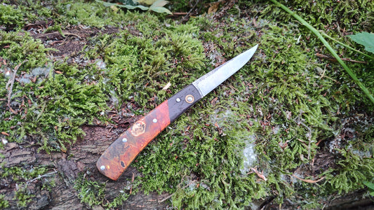 Hand-forged Slipjoint / Slimline Gentleman's pocket Knife / Sheffcut Carbon Steel blade with Box Elder Burl (Stabilized) Scales and Bog Oak bolsters / UK Legal Pocketknife