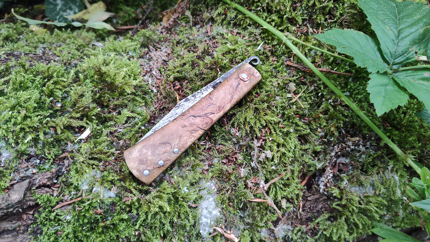 Anglo-Saxon style Friction Folder / Wrought Iron San Mai Blade / Holly Burl and Copper handle / UK Legal Carry
