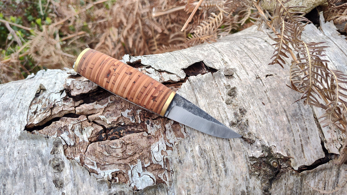 [RESERVED FOR LAURA] Hand-forged Friction Folder  / 80Crv2 Carbon Steel blade / Stacked Birch Bark Handle / UK Legal Carry