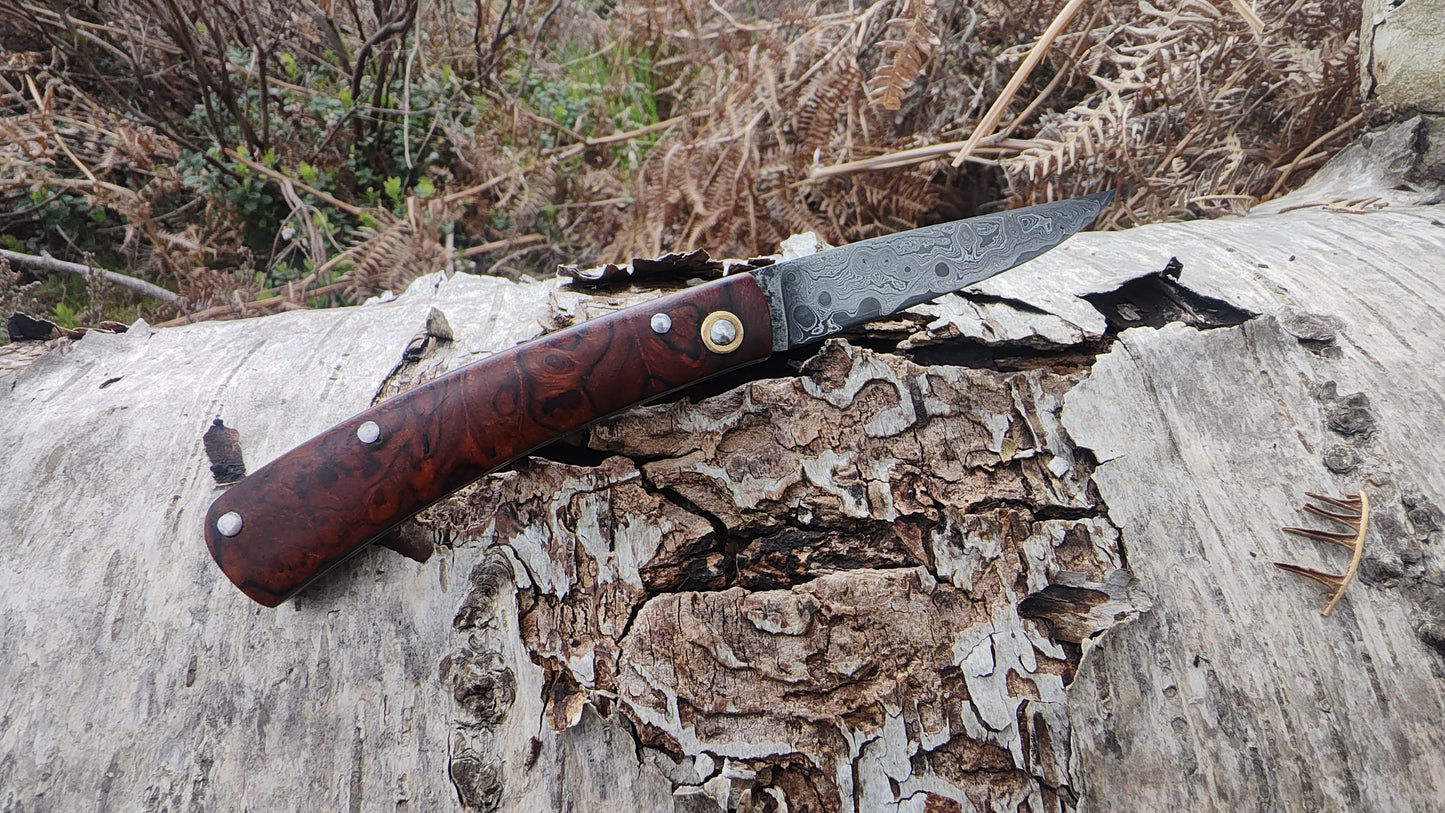 Hand-Forged Raindrop San Mai Damascus Slipjoint with Desert Ironwood Burl Scales / UK Legal Carry