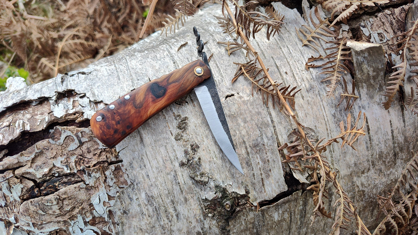 Hand-forged Friction Folder  / 52100 Carbon Steel blade / Yew Burl and mahogany scales / UK Legal Carry
