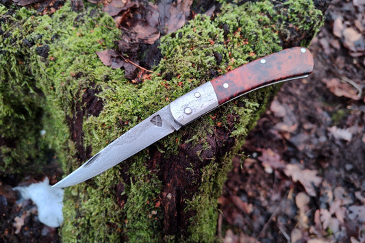 Hand-forged Go-Mai Damascus slipjoint / 1084, Damascus & Antique Wrought Iron Blade with Yew Burl Scales