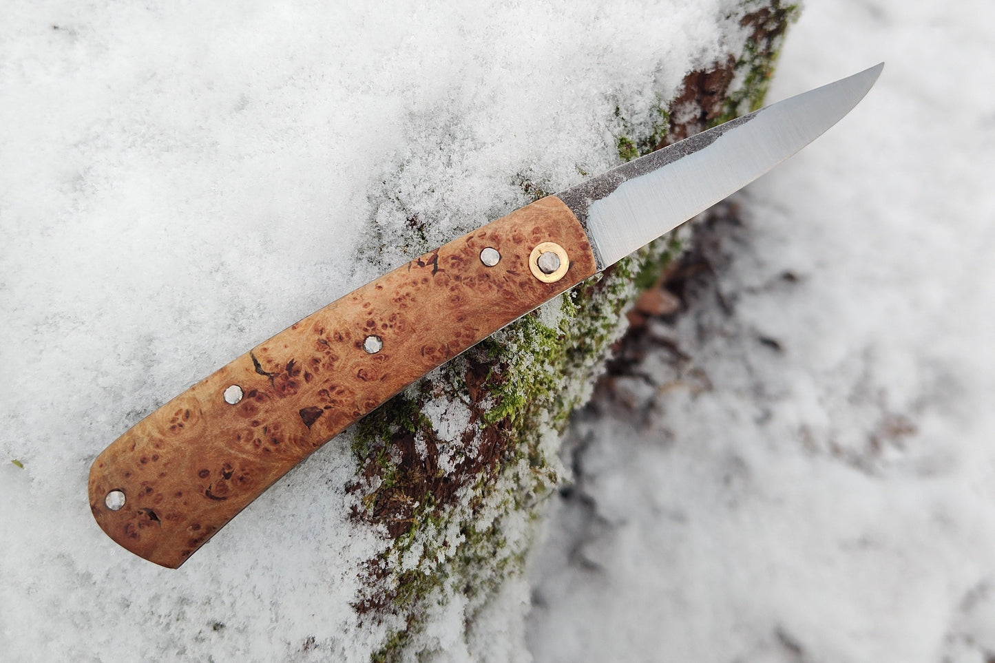 Hand-forged Folding Knife / Carbon Steel Blade/ Stainless Steel Liners with English Maple Burl Scales / Heavy duty slipjoint / Non-locking UK Legal Carry