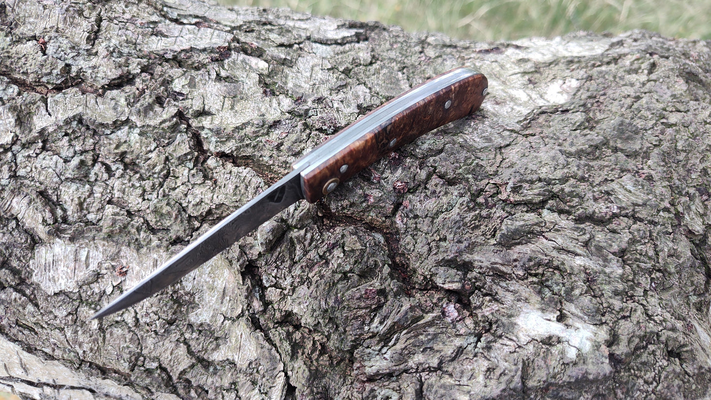 Hand-forged Folding Knife / Pattern-welded blade / Ash Burl Scales / Non-locking UK Legal Carry