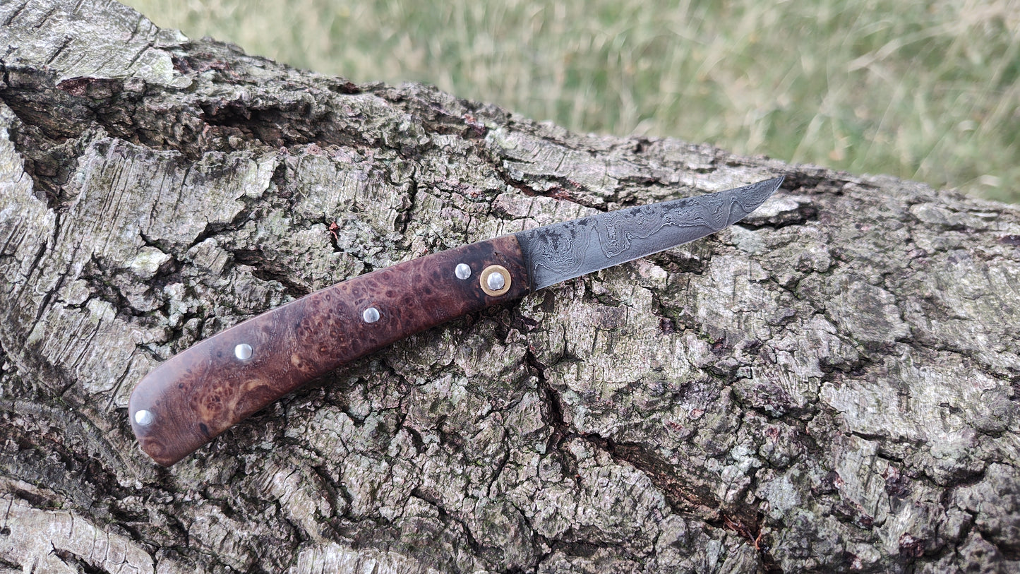 Hand-forged Folding Knife / Pattern-welded blade / Ash Burl Scales / Non-locking UK Legal Carry