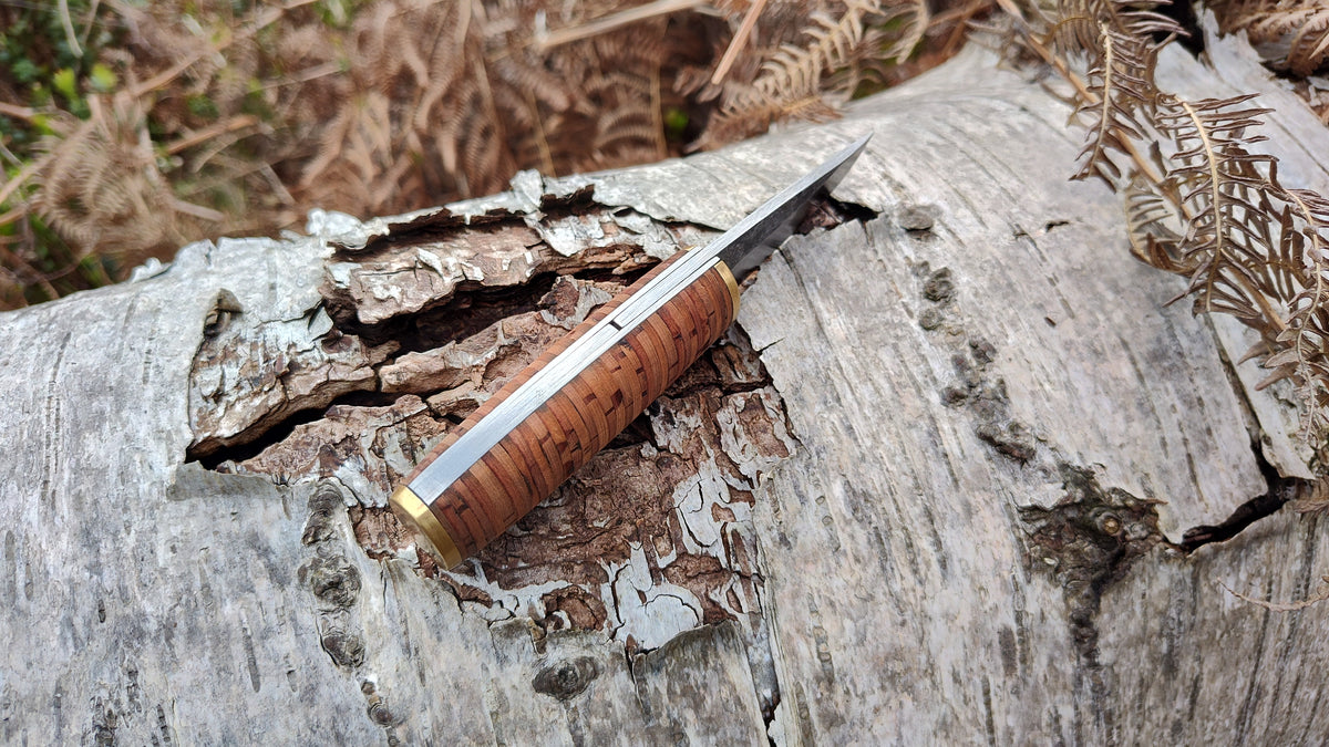 [RESERVED FOR LAURA] Hand-forged Friction Folder  / 80Crv2 Carbon Steel blade / Stacked Birch Bark Handle / UK Legal Carry