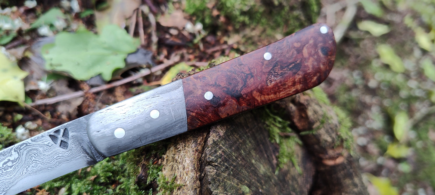 Hand-forged Wharncliffe Slipjoint / Pattern Welded Damascus Blade / Wrought Iron Bolsters and Beech Burl Scales / UK Legal Carry