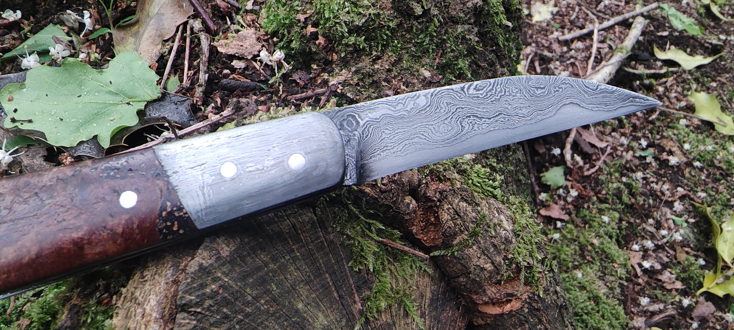 Hand-forged Wharncliffe Slipjoint / Pattern Welded Damascus Blade / Wrought Iron Bolsters and Beech Burl Scales / UK Legal Carry