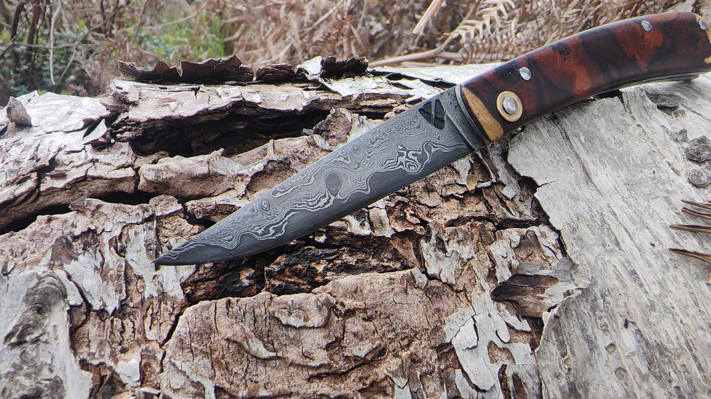 Hand-Forged Raindrop San Mai Damascus Slipjoint with Desert Ironwood Burl Scales / UK Legal Carry