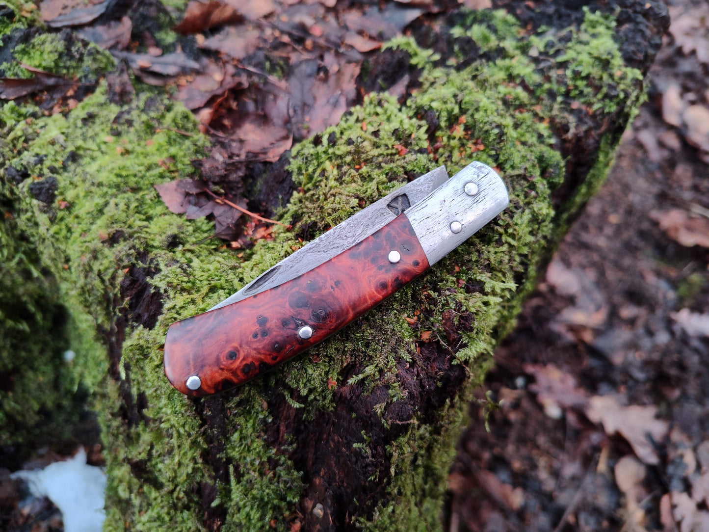 Hand-forged Go-Mai Damascus slipjoint / 1084, Damascus & Antique Wrought Iron Blade with Yew Burl Scales