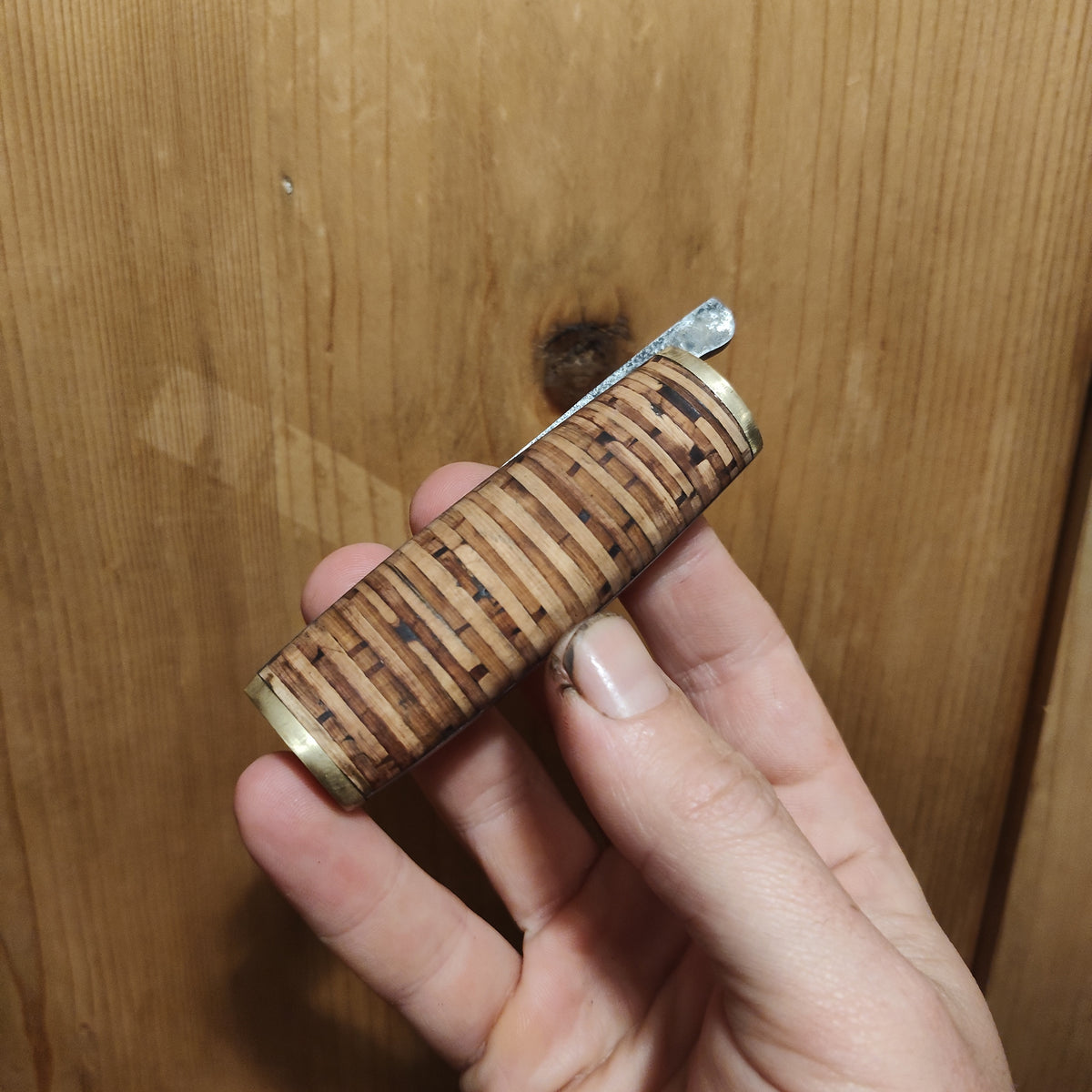 [RESERVED FOR LAURA] Hand-forged Friction Folder  / 80Crv2 Carbon Steel blade / Stacked Birch Bark Handle / UK Legal Carry
