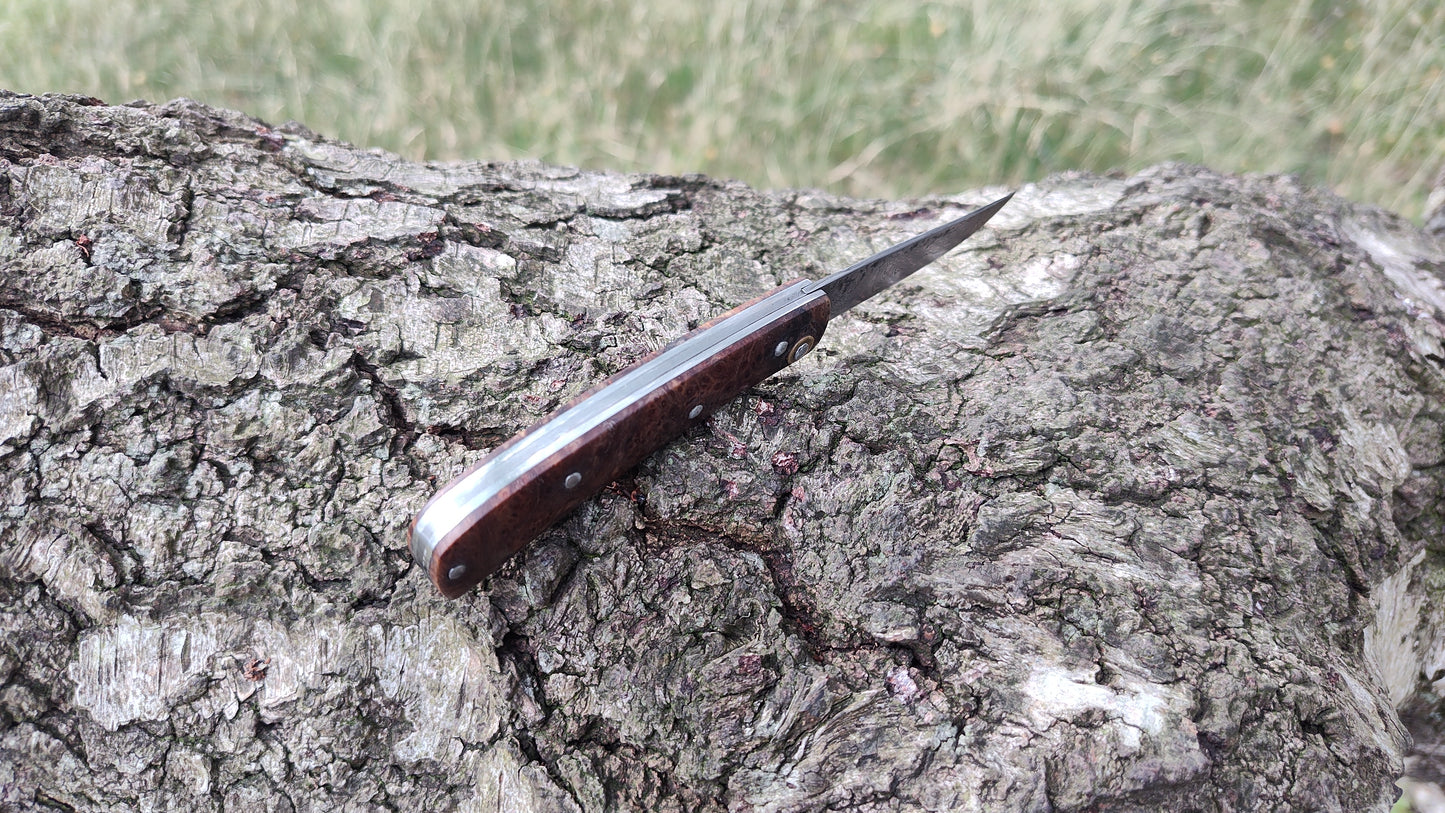 Hand-forged Folding Knife / Pattern-welded blade / Ash Burl Scales / Non-locking UK Legal Carry
