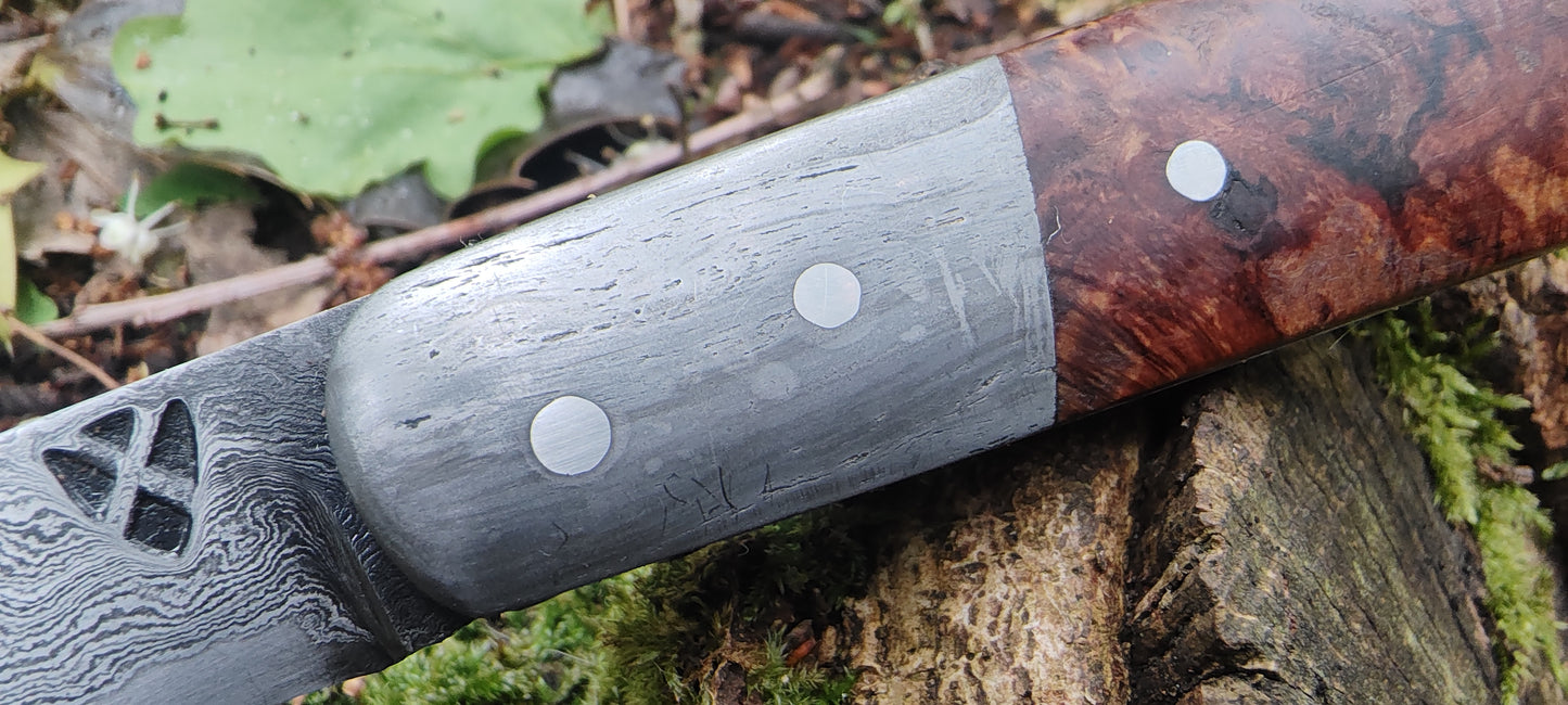Hand-forged Wharncliffe Slipjoint / Pattern Welded Damascus Blade / Wrought Iron Bolsters and Beech Burl Scales / UK Legal Carry