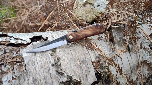 Hand-forged Friction Folder  / 52100 Carbon Steel blade / Yew Burl and mahogany scales / UK Legal Carry