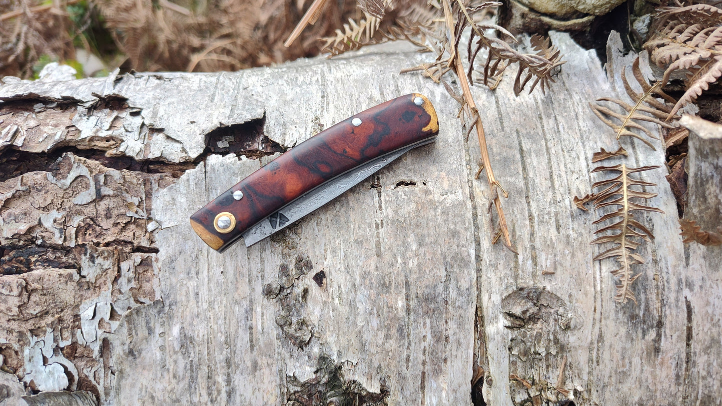 Hand-Forged Raindrop San Mai Damascus Slipjoint with Desert Ironwood Burl Scales / UK Legal Carry