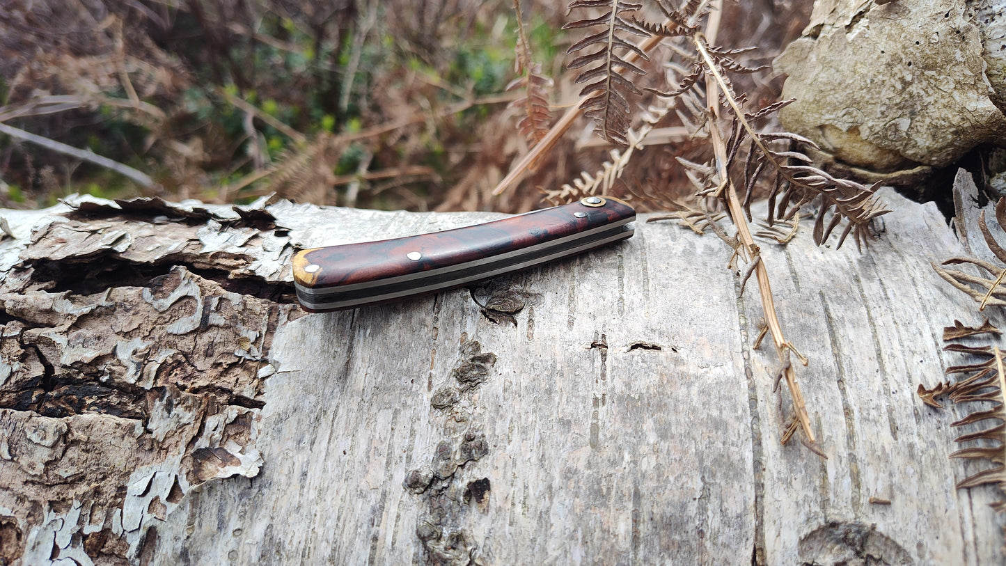 Hand-Forged Raindrop San Mai Damascus Slipjoint with Desert Ironwood Burl Scales / UK Legal Carry