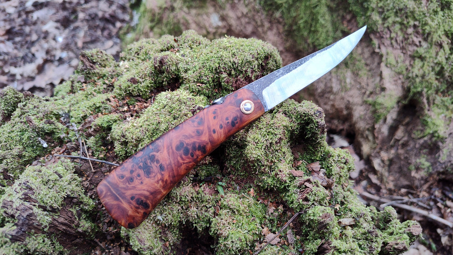 Hand-forged folding knife / Viking Friction Folder / Sheffcut Carbon Steel Blade with Yew Burl handle / UK Legal