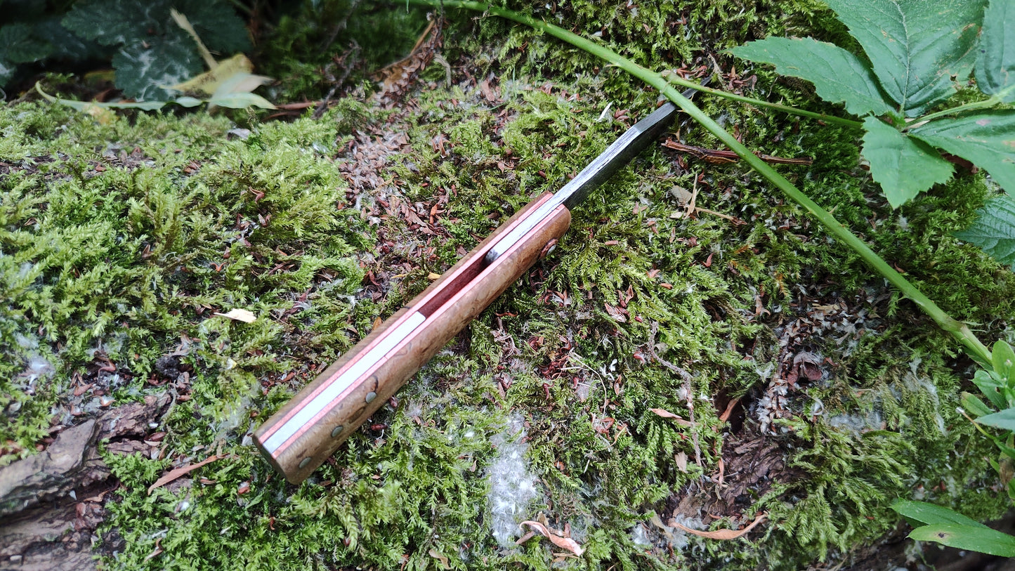 Anglo-Saxon style Friction Folder / Wrought Iron San Mai Blade / Holly Burl and Copper handle / UK Legal Carry