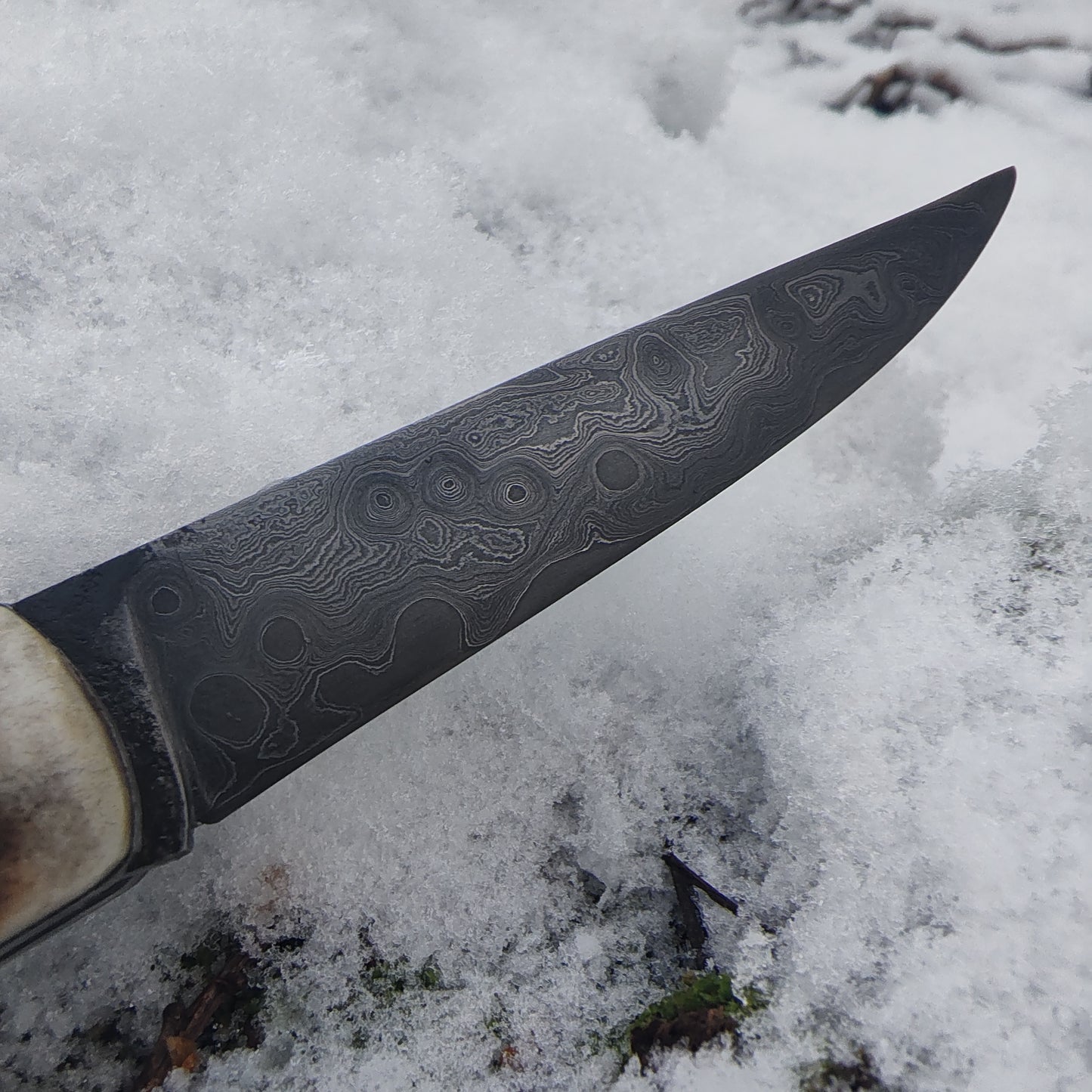 Hand-Forged San Mai Damascus Slipjoint with Bog Oak & Stag Antler Scales / UK Legal Carry
