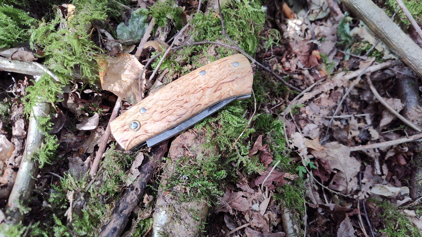 Hand-forged Folding Knife / Heavy duty slipjoint /  Sheffcut Carbon Steel Blade & Masur Birch Handle / Non-locking UK Legal Carry