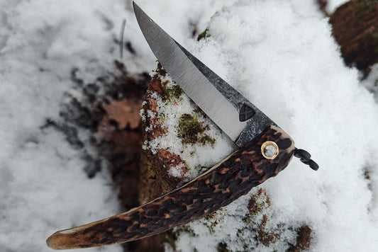 Hand-forged Viking Friction Folder / 15n20 Blade / Stag Antler Handle / UK Legal Pocket Knife