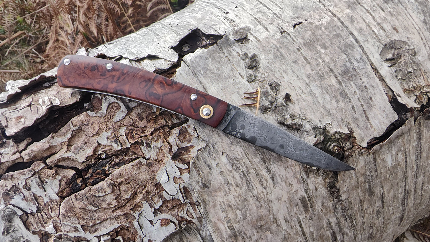 Hand-Forged Raindrop San Mai Damascus Slipjoint with Desert Ironwood Burl Scales / UK Legal Carry