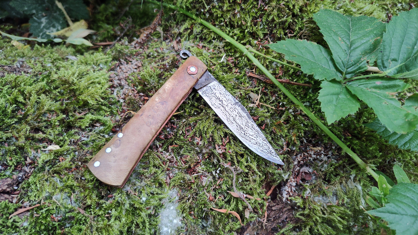 Anglo-Saxon style Friction Folder / Wrought Iron San Mai Blade / Holly Burl and Copper handle / UK Legal Carry