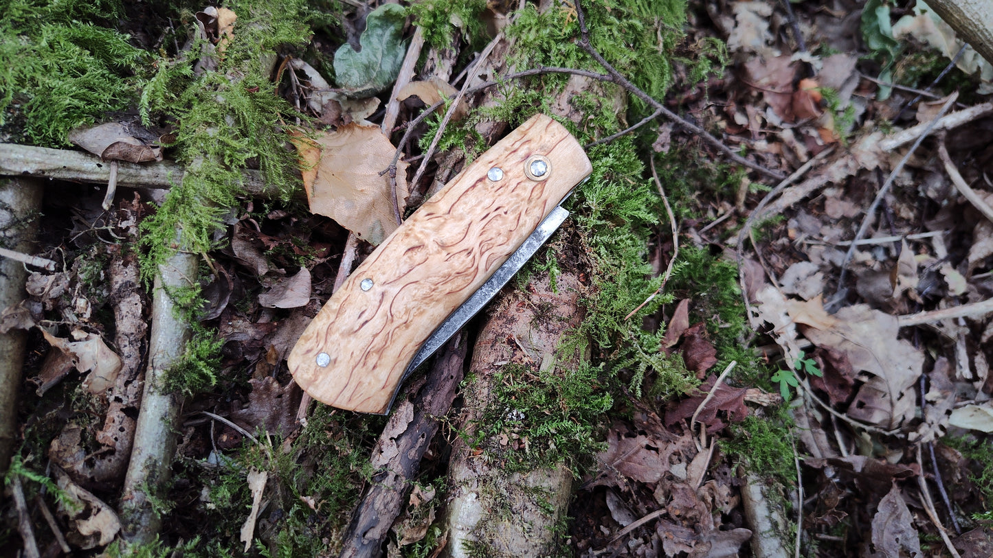 Hand-forged Folding Knife / Heavy duty slipjoint /  Sheffcut Carbon Steel Blade & Masur Birch Handle / Non-locking UK Legal Carry