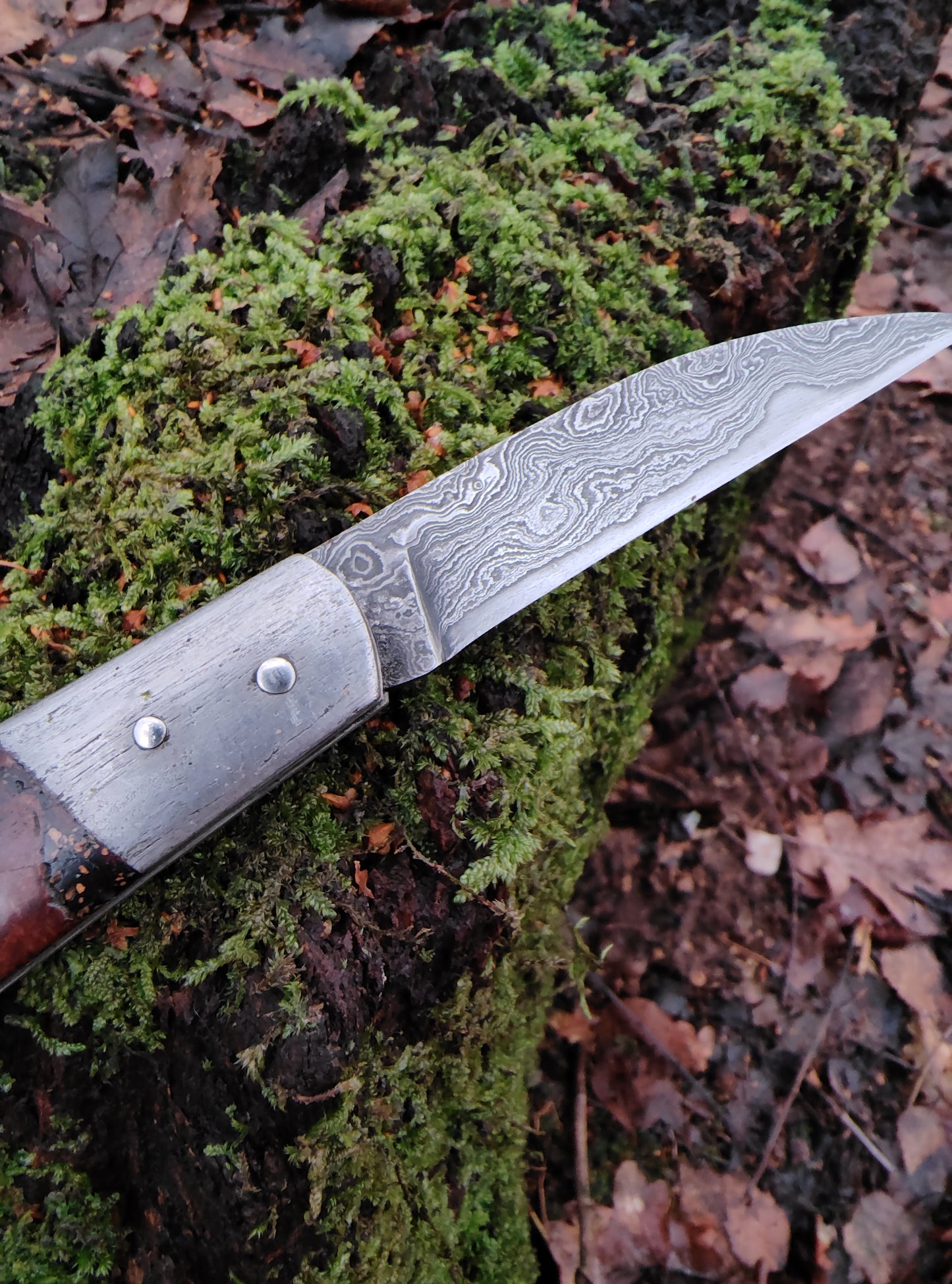 Hand-forged Wharncliffe Slipjoint / Pattern Welded Damascus Blade / Wrought Iron Bolsters and Beech Burl Scales / UK Legal Carry / Bog Yew & Antler Handle