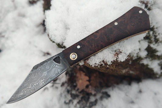 Hand-forged slipjoint folding knife / Pattern-welded Damascus blade / UK Legal / Antiqued Brass & Elm Burl Handle