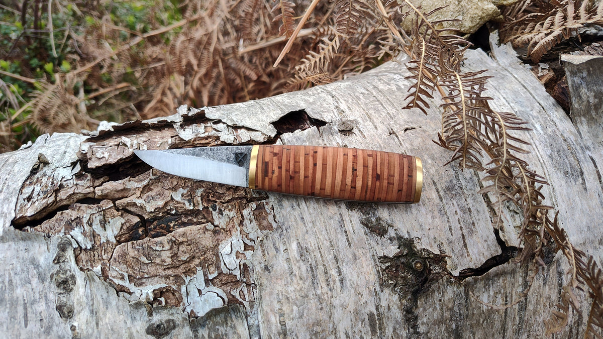 [RESERVED FOR LAURA] Hand-forged Friction Folder  / 80Crv2 Carbon Steel blade / Stacked Birch Bark Handle / UK Legal Carry