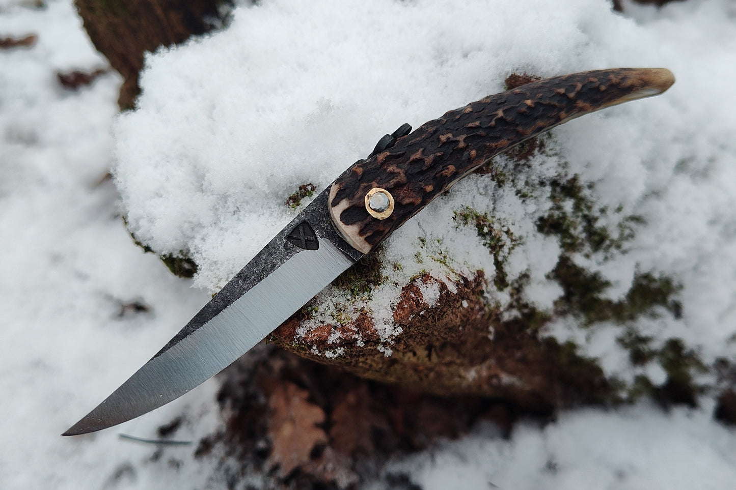 Hand-forged Viking Friction Folder / 15n20 Blade / Stag Antler Handle / UK Legal Pocket Knife