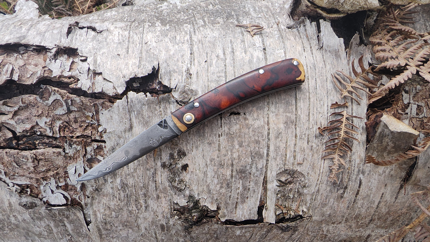 Hand-Forged Raindrop San Mai Damascus Slipjoint with Desert Ironwood Burl Scales / UK Legal Carry