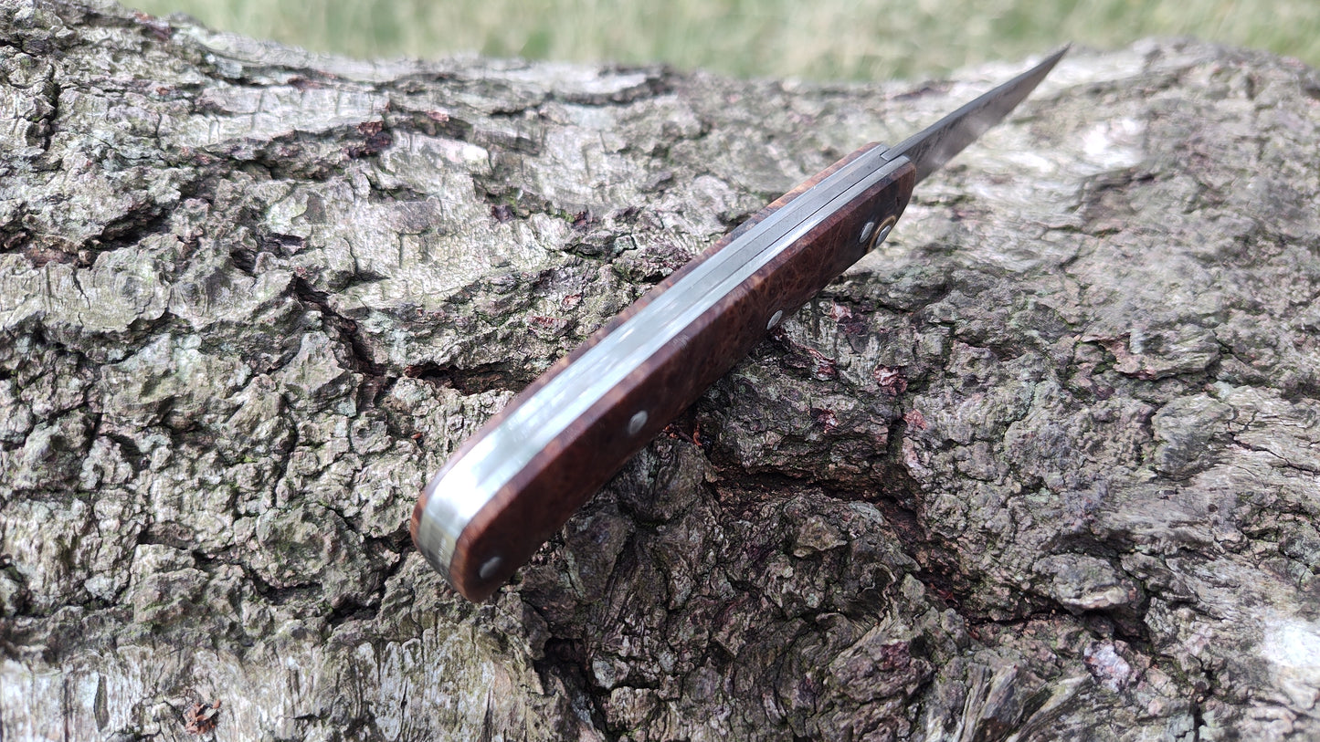 Hand-forged Folding Knife / Pattern-welded blade / Ash Burl Scales / Non-locking UK Legal Carry