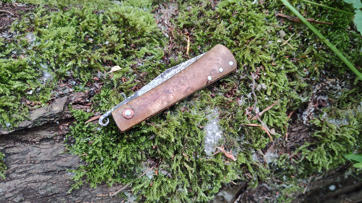 Anglo-Saxon style Friction Folder / Wrought Iron San Mai Blade / Holly Burl and Copper handle / UK Legal Carry