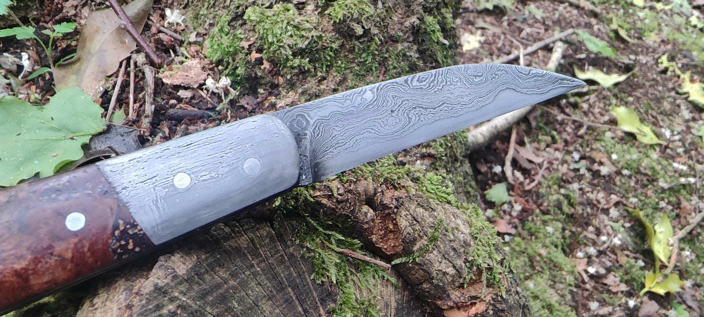 Hand-forged Wharncliffe Slipjoint / Pattern Welded Damascus Blade / Wrought Iron Bolsters and Beech Burl Scales / UK Legal Carry