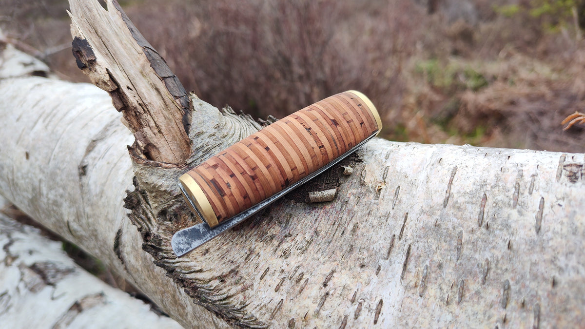 [RESERVED FOR LAURA] Hand-forged Friction Folder  / 80Crv2 Carbon Steel blade / Stacked Birch Bark Handle / UK Legal Carry