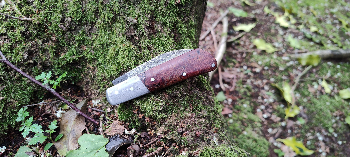 Hand-forged Wharncliffe Slipjoint / Pattern Welded Damascus Blade / Wrought Iron Bolsters and Beech Burl Scales / UK Legal Carry