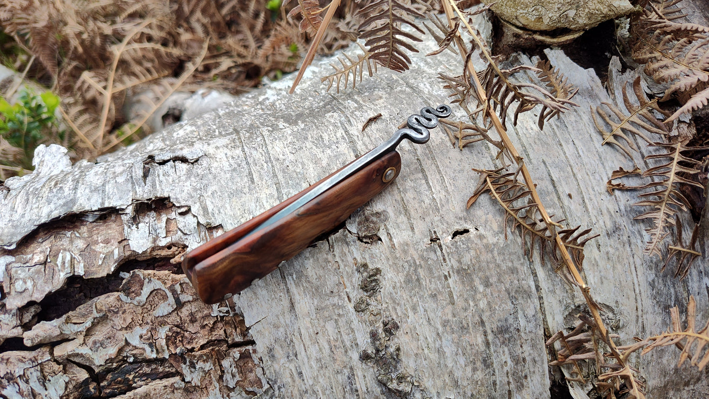Hand-forged Friction Folder  / 52100 Carbon Steel blade / Yew Burl and mahogany scales / UK Legal Carry