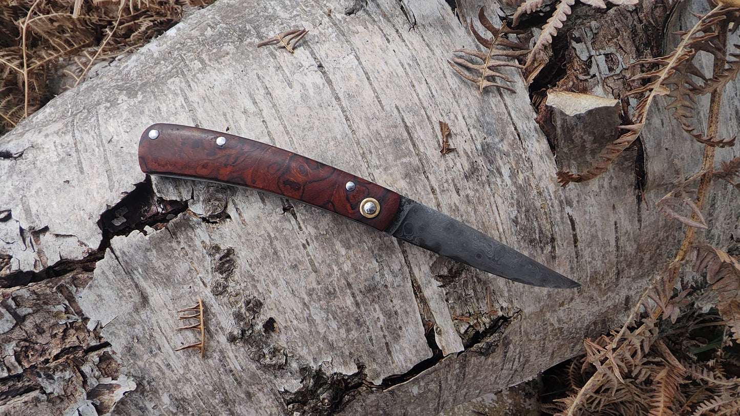 Hand-Forged Raindrop San Mai Damascus Slipjoint with Desert Ironwood Burl Scales / UK Legal Carry