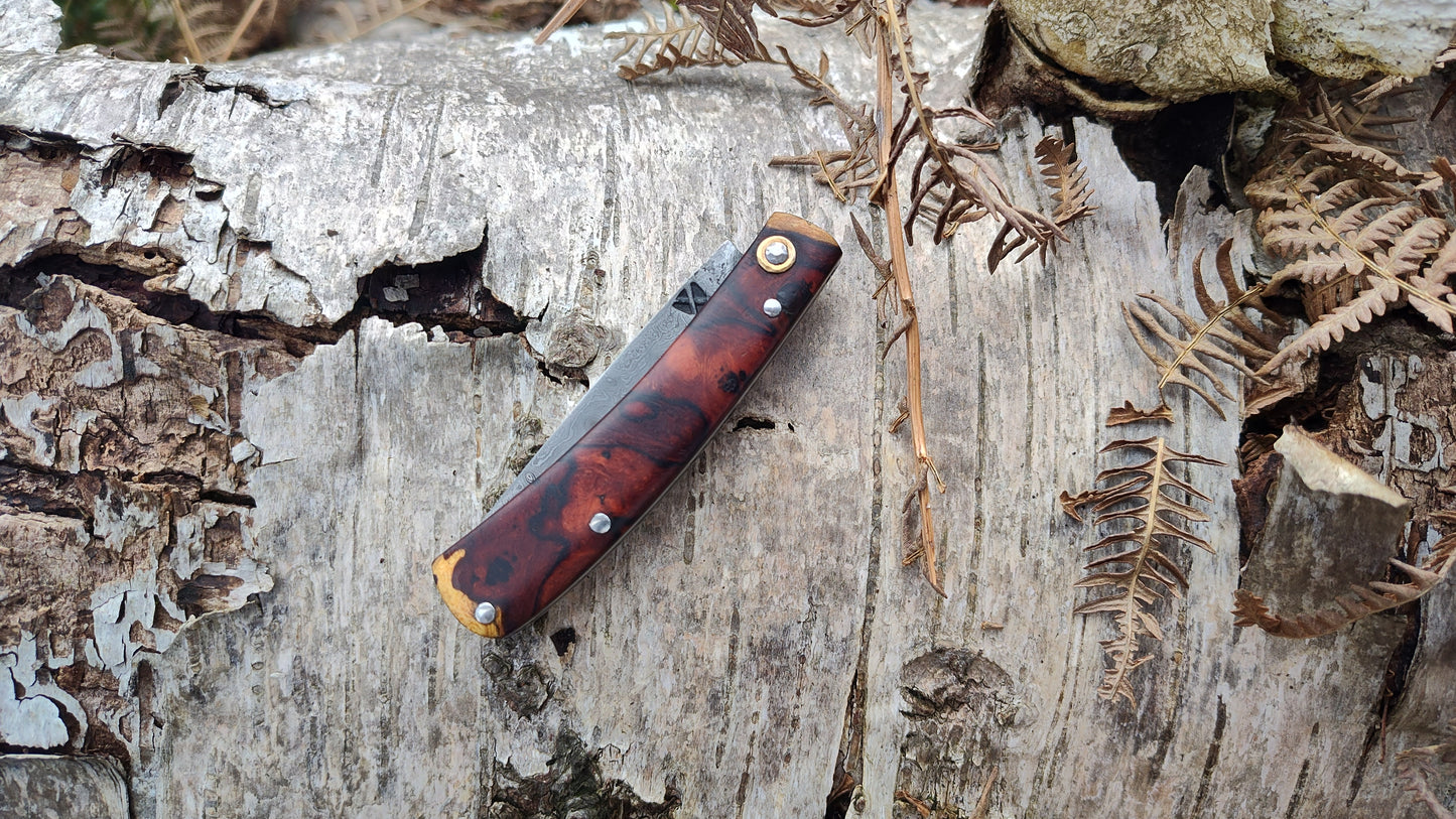 Hand-Forged Raindrop San Mai Damascus Slipjoint with Desert Ironwood Burl Scales / UK Legal Carry